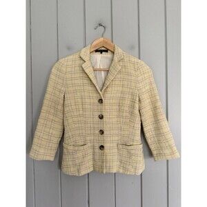 Theory Butter Yellow Plaid Tweed Blazer Jacket 0 3/4 Sleeve Cotton Lined Y2K